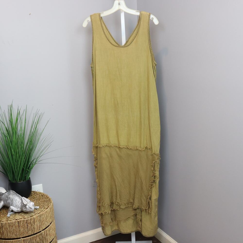 Cynthia Ashby Linen Dress Mustard‎ Green Lagenlook Medium